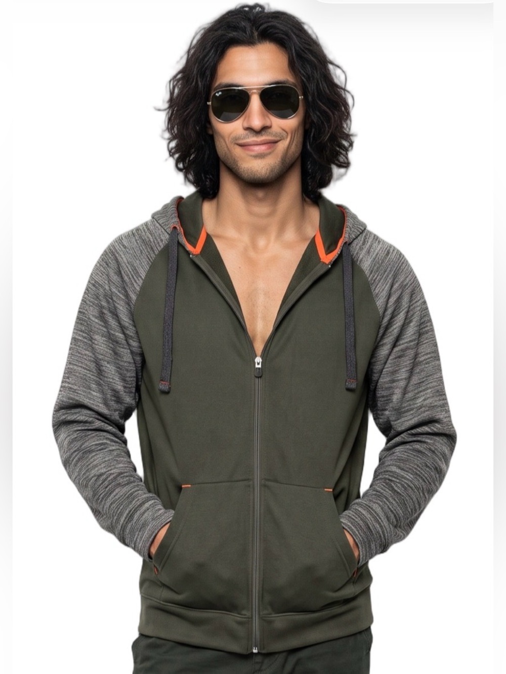 SPALDING Olive Green Gray Zip Up Hoodie Longsleeve Performance wear Orange trim